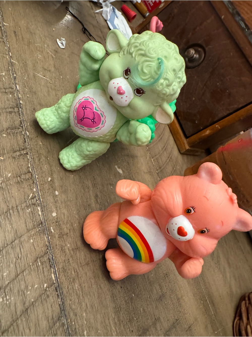 Care Bears figures hard plastic Pair - Green and Pink Vintage Style